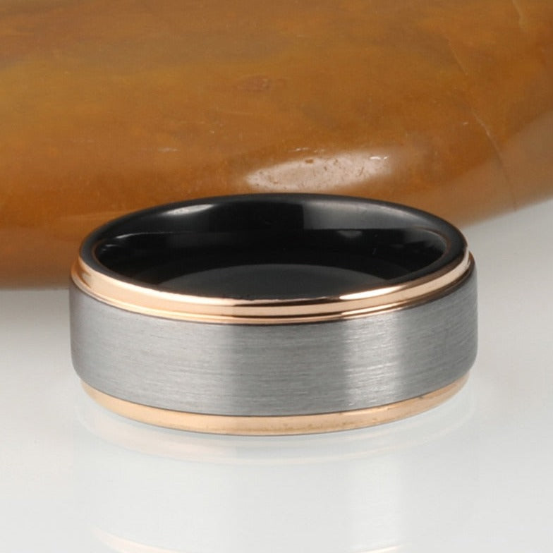 8mm Black, Rose Gold Stepped Edges Silvery Brushed Tungsten Men's Ring - Promise Rings