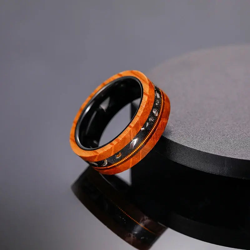 8mm Tungsten Black Sand Metal Slag Ring – Guitar Strings and Olive Wood Inlay Design (Men’s) - Promise Rings