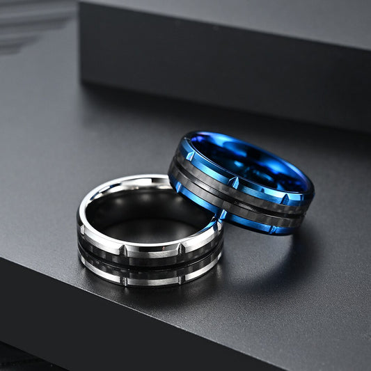 8mm Blue & Black Stainless Steel Men's Ring - Promise Rings