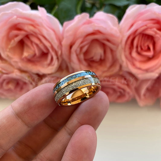 8mm Blue Carbon Fibre & Rose Gold Tungsten Men's Ring - Promise Rings