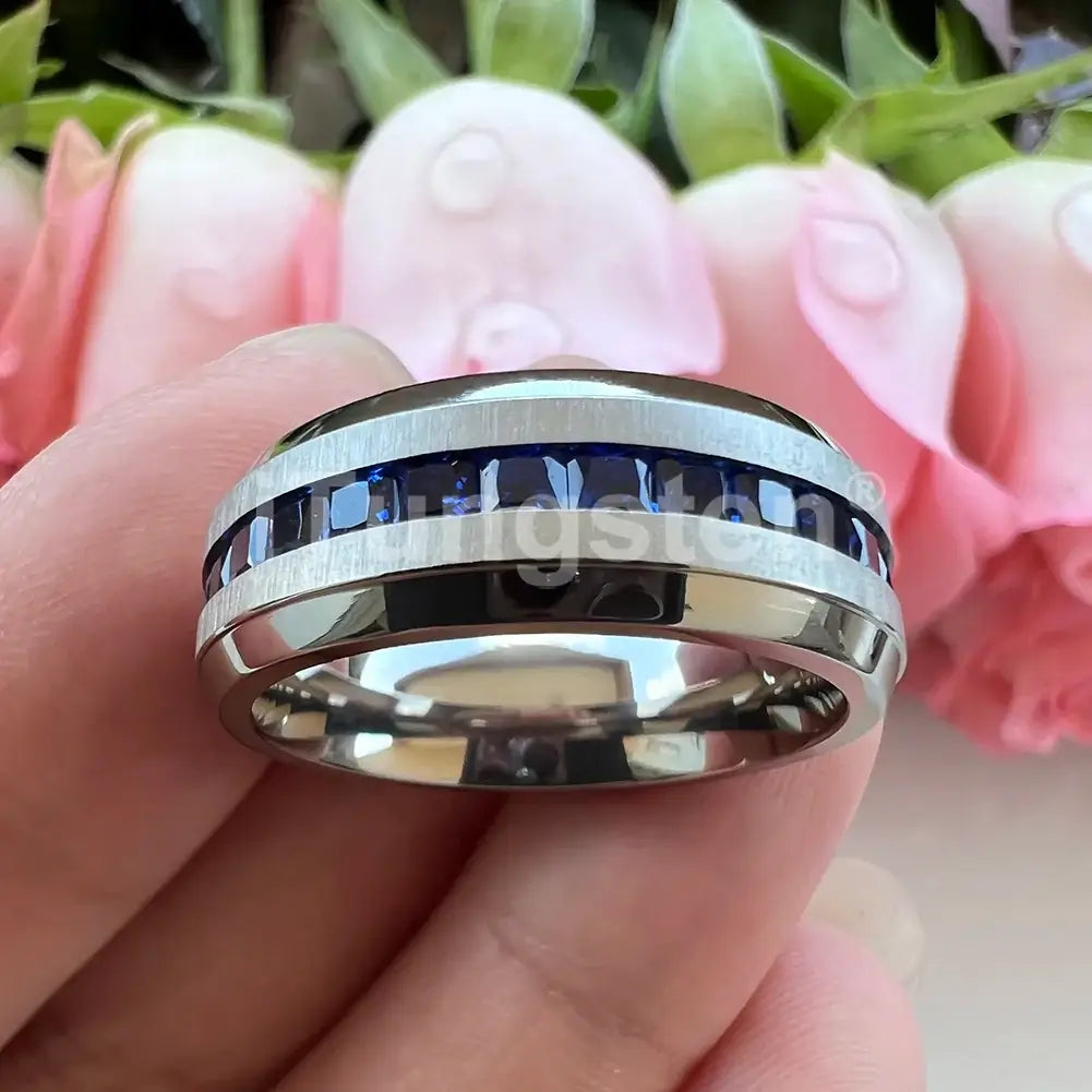8mm Titanium Blue Cubic Zirconia Inlay Ring – Round & Square Stone Styles (Men’s) - Promise Rings