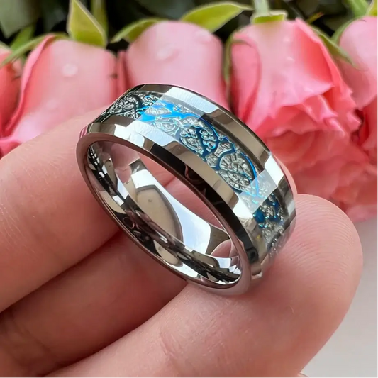8mm Silver Tungsten Blue Dragon Meteorite Ring – Celestial Symbolism and Strength (Men’s) - Promise Rings