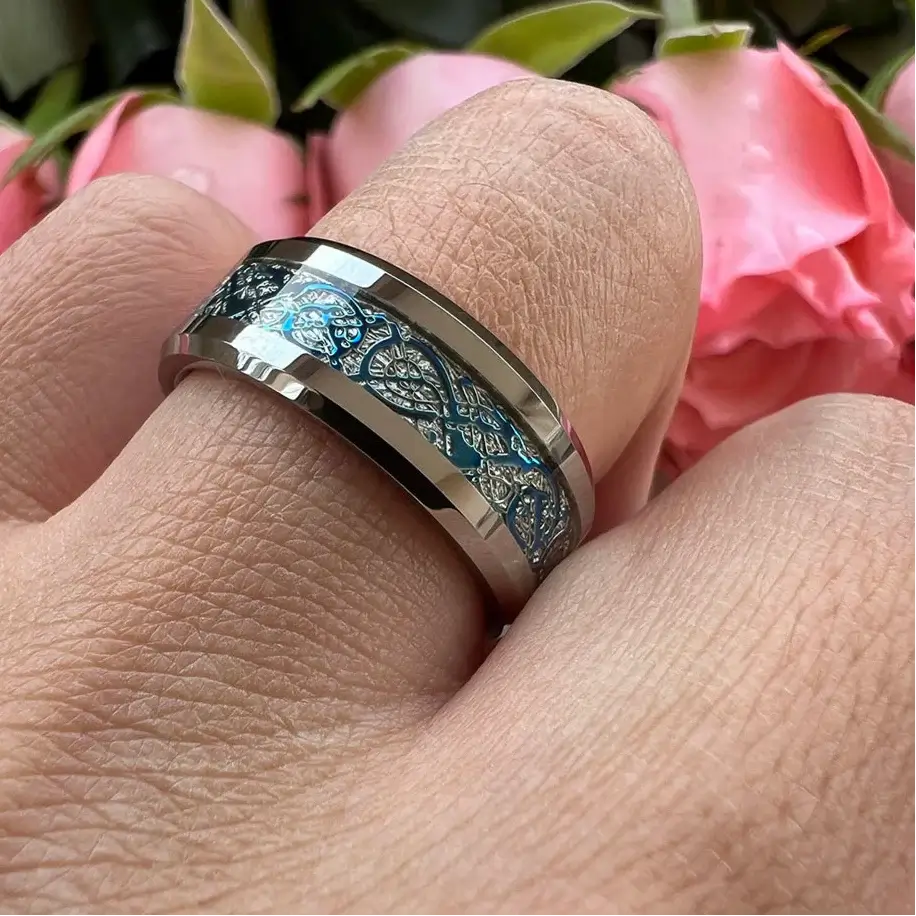8mm Silver Tungsten Blue Dragon Meteorite Ring – Celestial Symbolism and Strength (Men’s) - Promise Rings