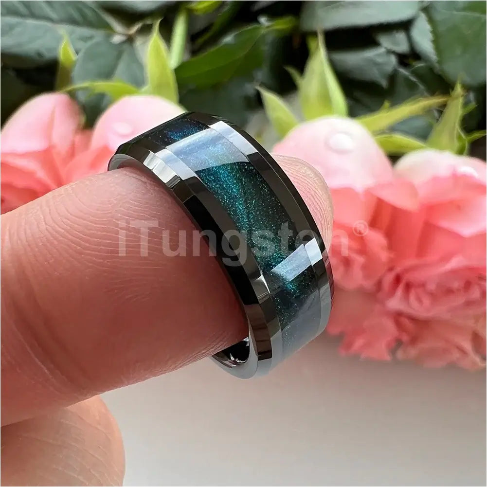8mm Tungsten Black Ring – Blue Sand Inlay Cosmic Design (Men’s) - Promise Rings