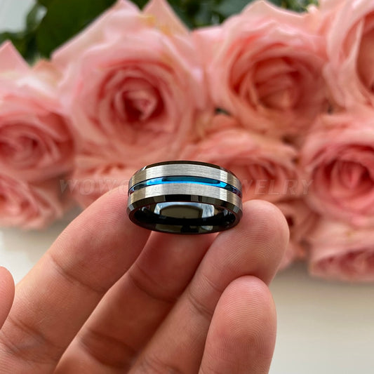 8mm Blue Groove, Silver Brushed & Black Tungsten Men's Ring - Promise Rings