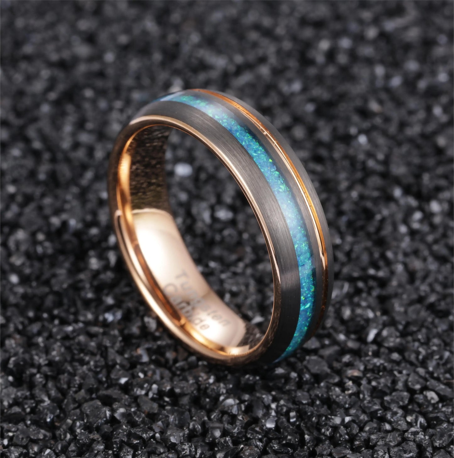 8mm Tungsten Inlay Ring – Blue Opal & Rose Gold with Brushed Black Finish (Men’s) - Promise Rings