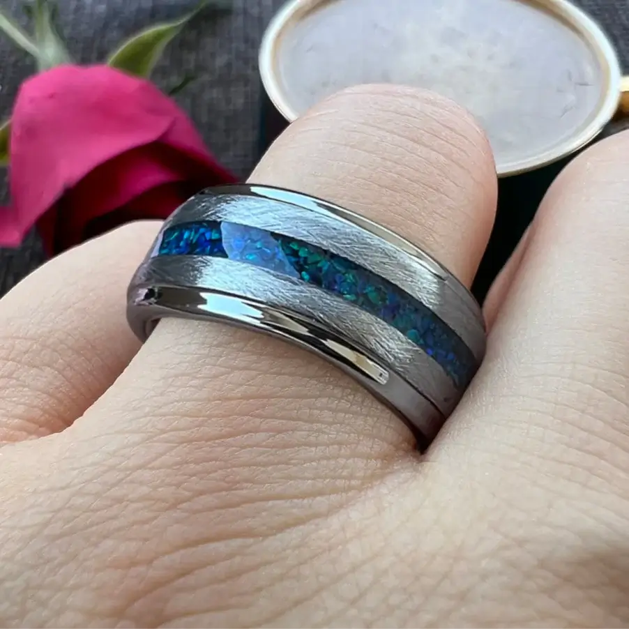 6mm & 8mm Blue Opal Inlay Brushed Silver Tungsten Ring – Ocean-Inspired Design (Unisex) - Promise Rings