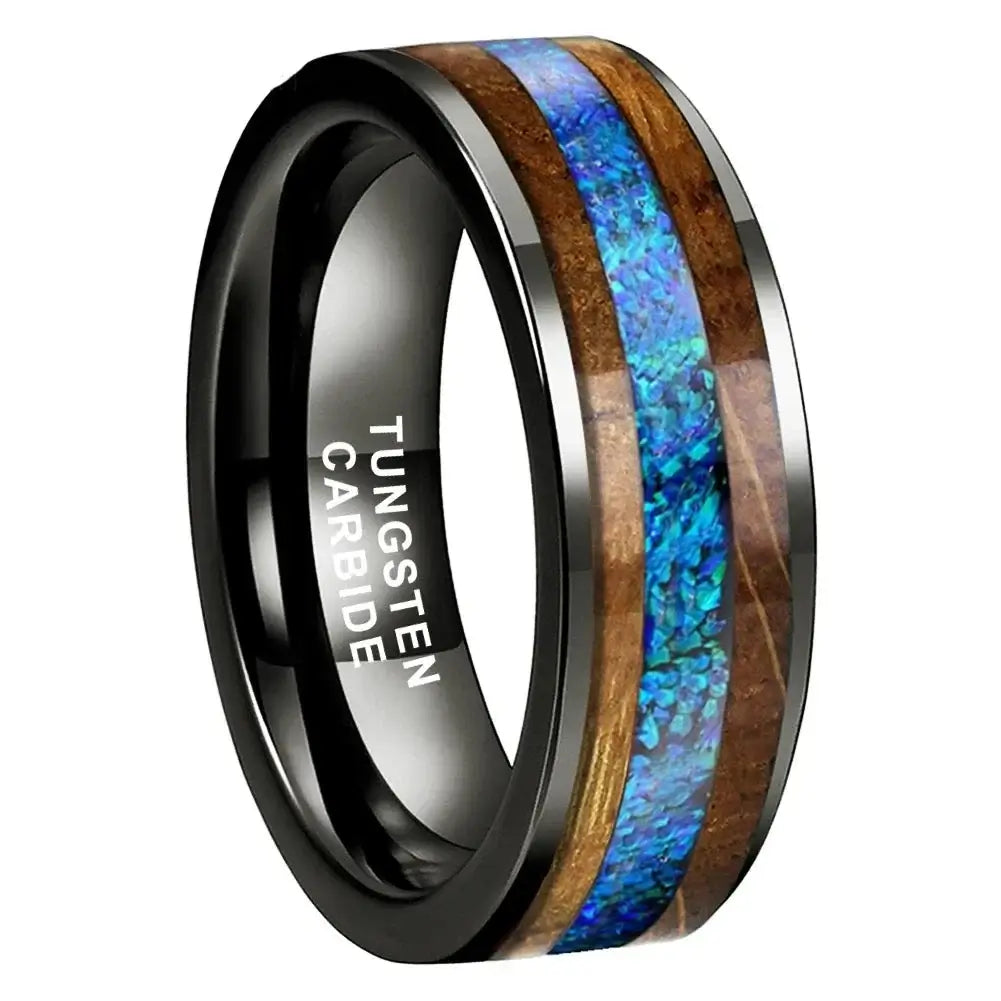 8mm Wood & Tungsten Ring – Blue Opal and Whisky Barrel Wood Inlay Design (Men’s) - Promise Rings