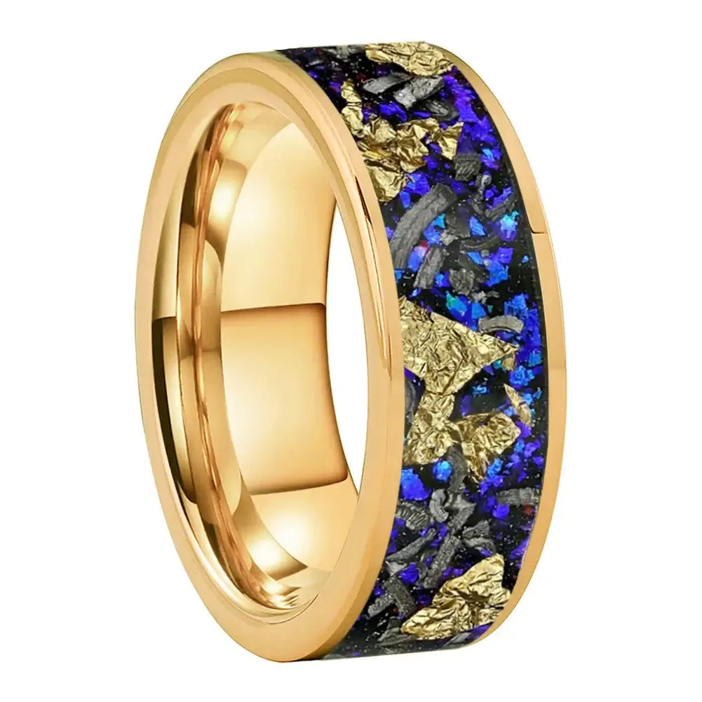 8mm Blue Sandstone Meteorite Gold Leaf Tungsten Ring – Cosmic Adventure Design (Men’s) - Promise Rings