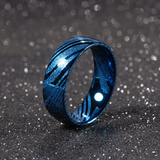 8mm Blue Woodgrain Damascus Steel Blue Men's Ring - Promise Rings