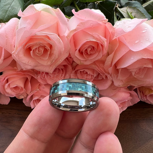 8mm Bluish Carbon Fibre Inlay Tungsten Unisex Ring - Promise Rings