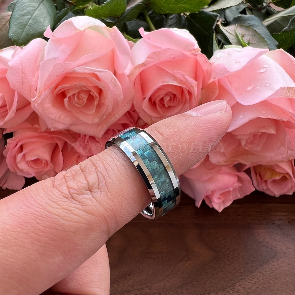 8mm Bluish Carbon Fibre Inlay Tungsten Unisex Ring - Promise Rings