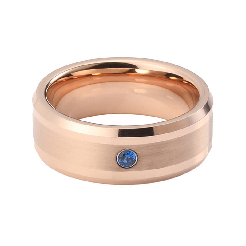 8mm Bluish Cubic Zirconia & Brushed Rose Gold Inlay Tungsten Men's Ring - Promise Rings