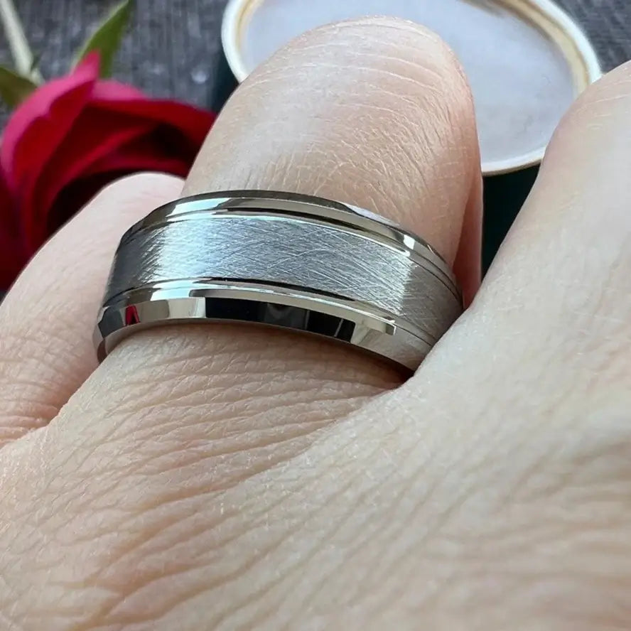 8mm Tungsten Ring – Brushed Beveled Black Finish Design (Men’s) - Promise Rings