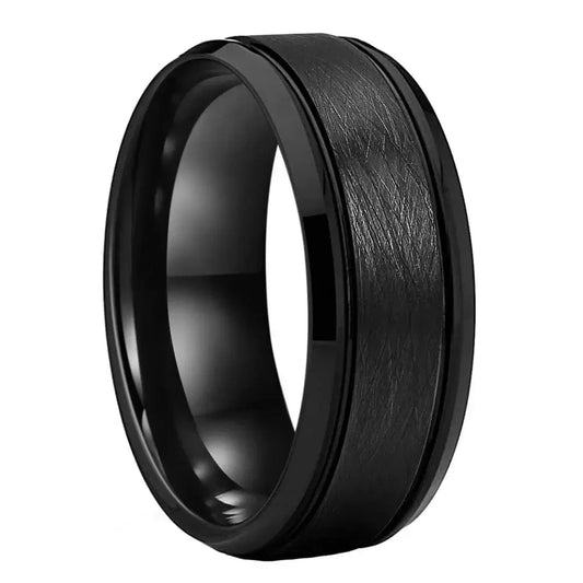 8mm Tungsten Ring – Brushed Beveled Black Finish Design (Men’s) - Promise Rings