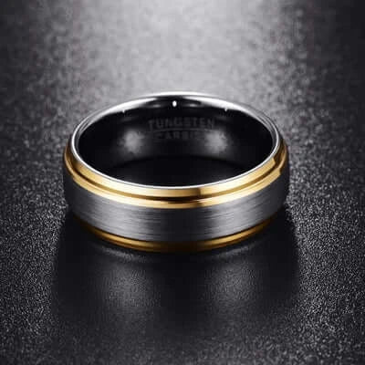 8mm Tungsten Ring – Brushed Metallic Silver with Golden Edges (Men’s) - Promise Rings