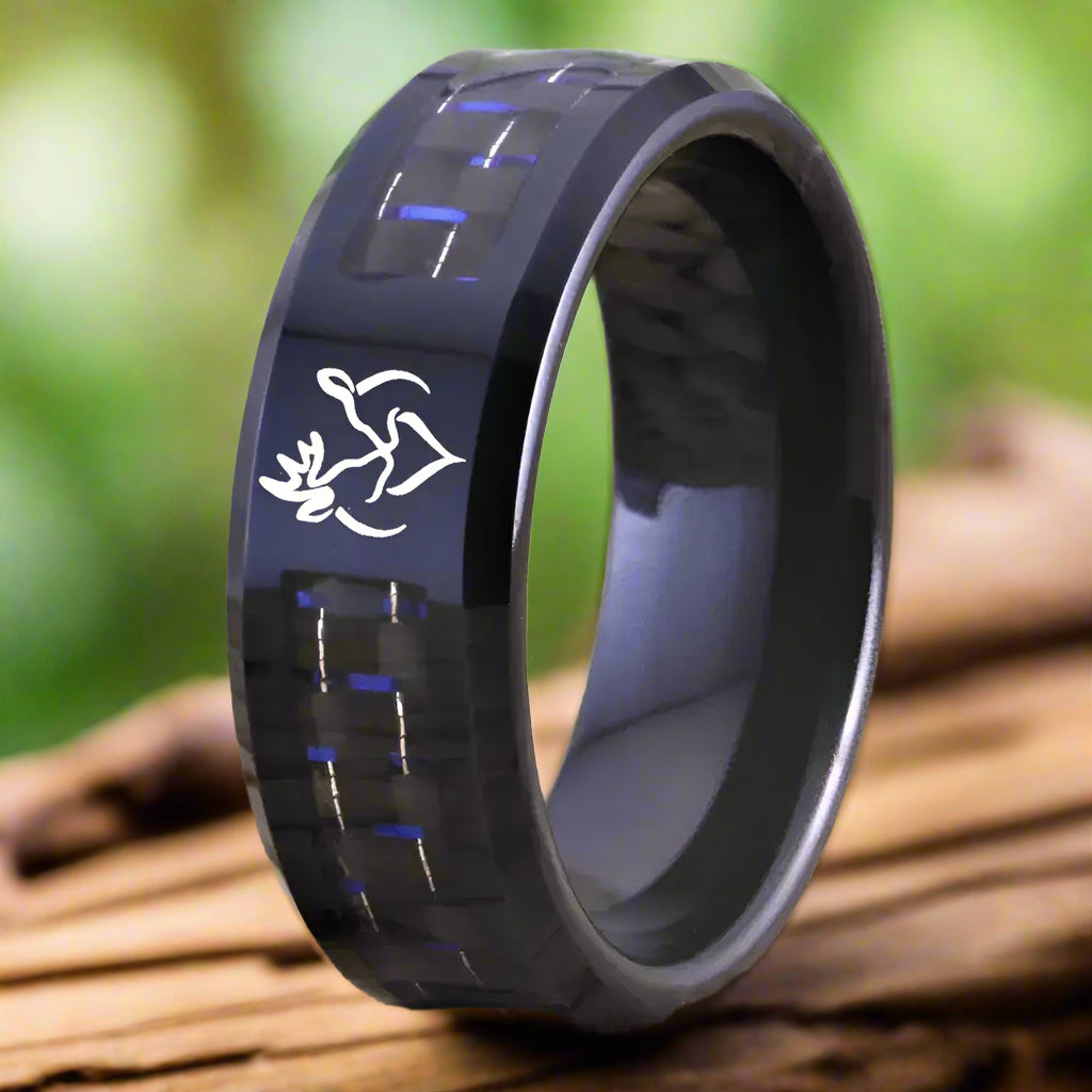 8mm Black Tungsten Deer Buck & Doe Carbon Fibre Inlay Ring – Nature & Connection Symbolism (Unisex) - Promise Rings