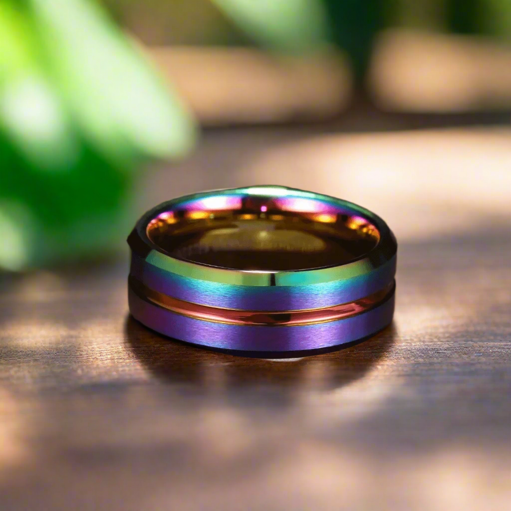 8mm Stainless Steel Rainbow Matte Finish Ring – Vibrant Colorful Statement (Men’s) - Promise Rings