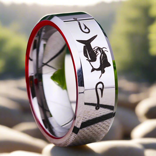 8mm Catfish Fishing Ring – Polished Silver Tungsten Band (Men’s) - Promise Rings