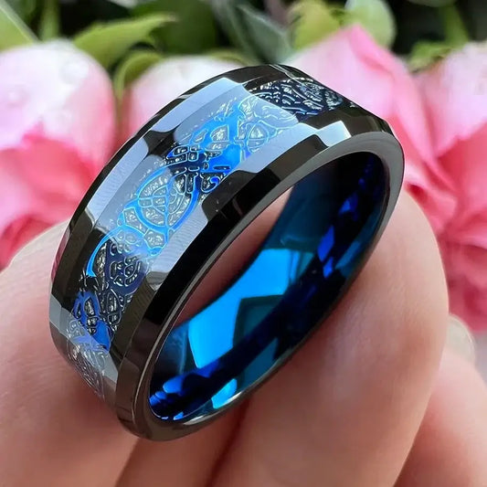8mm Black Tungsten Celtic Dragon Meteorite Ring – Mystical Cosmic Design (Men’s) - Promise Rings