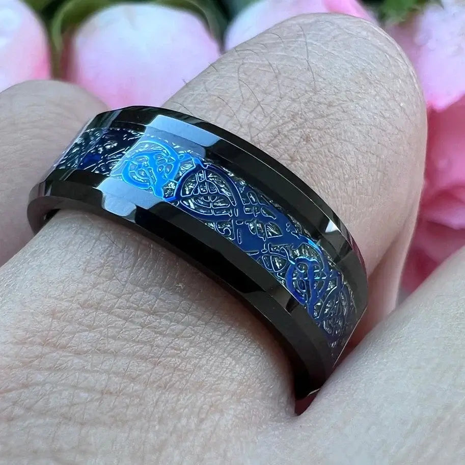 8mm Black Tungsten Celtic Dragon Meteorite Ring – Mystical Cosmic Design (Men’s) - Promise Rings