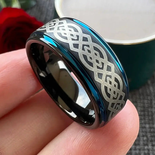 8mm Tungsten Celtic Knot Pattern Ring – Black Band with Blue Edge Detailing (Men’s) - Promise Rings