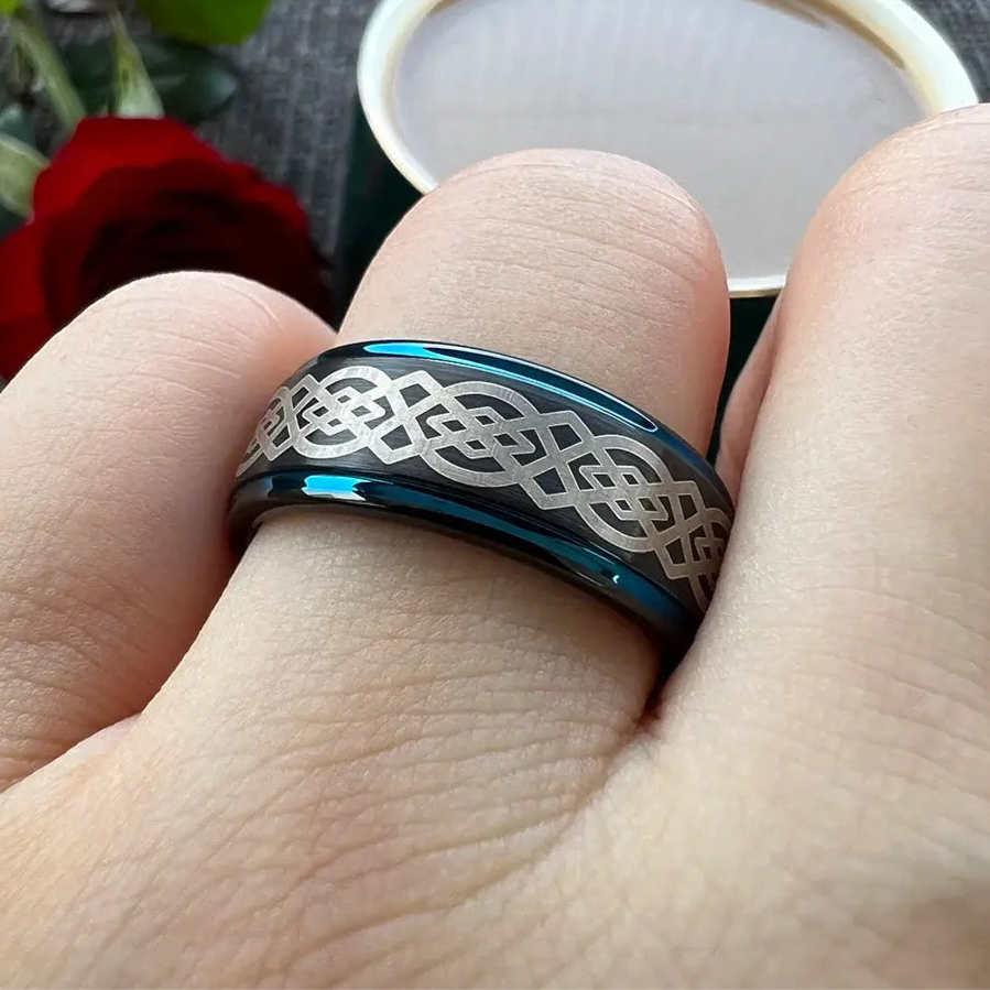 8mm Tungsten Celtic Knot Pattern Ring – Black Band with Blue Edge Detailing (Men’s) - Promise Rings