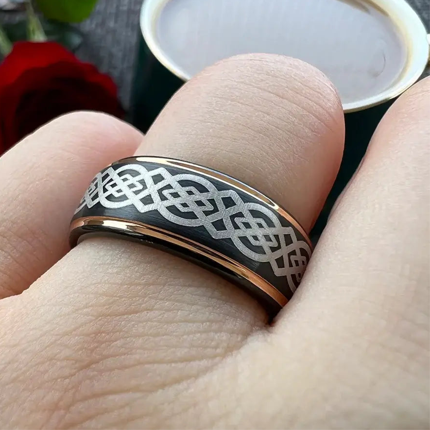 8mm Tungsten Black Band Celtic Knot Ring – Mystery, Strength, and Tradition (Men’s) - Promise Rings