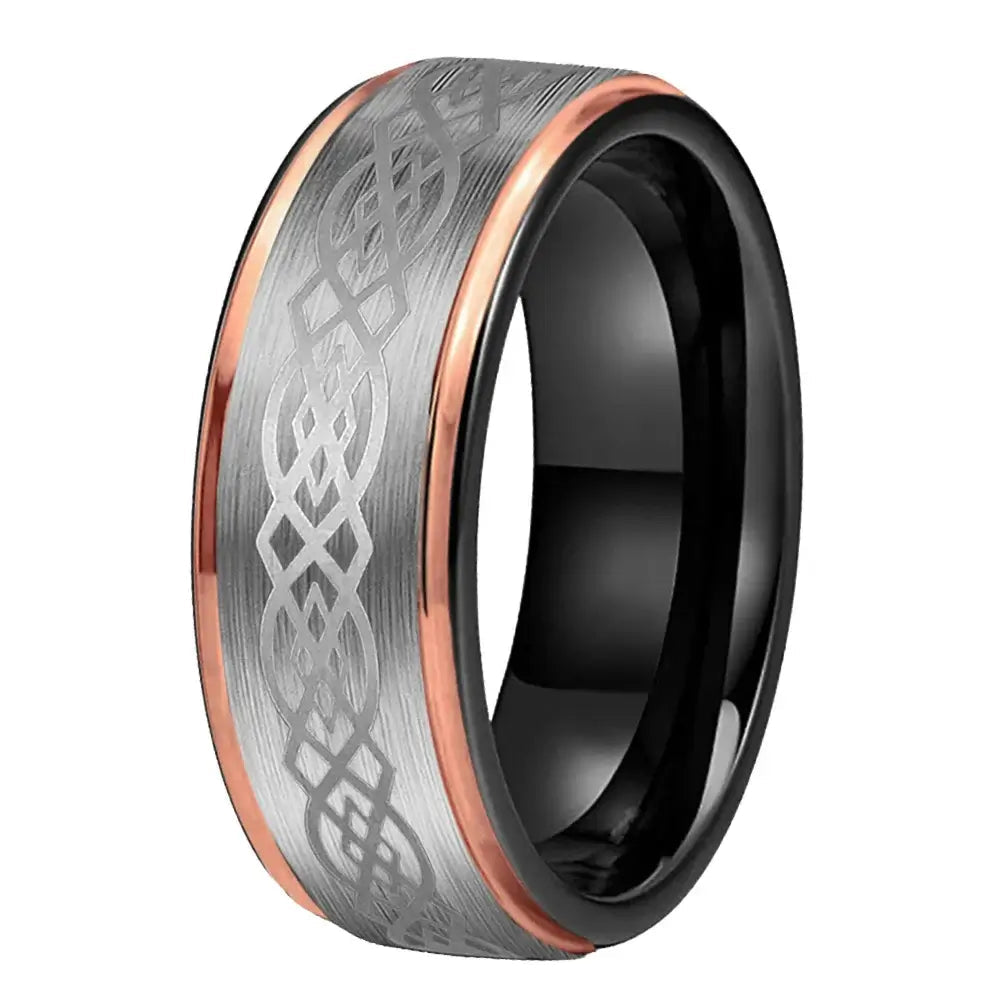 8mm Tungsten Silver Band Celtic Knot Ring – Silver Knotwork with Rose Gold Edges (Men’s) - Promise Rings