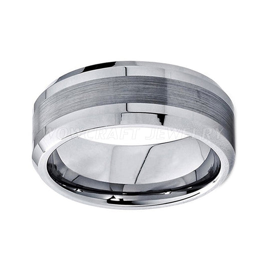 8mm Silver-Tone Tungsten Ring – Brushed Center with Polished Edges (Men’s) - Promise Rings