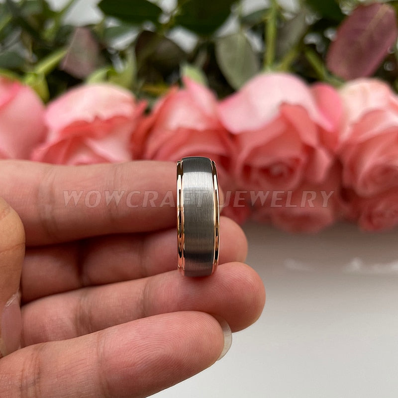 8mm Centre Brushed Silver & Rose Gold Tungsten Men's Ring - Promise Rings