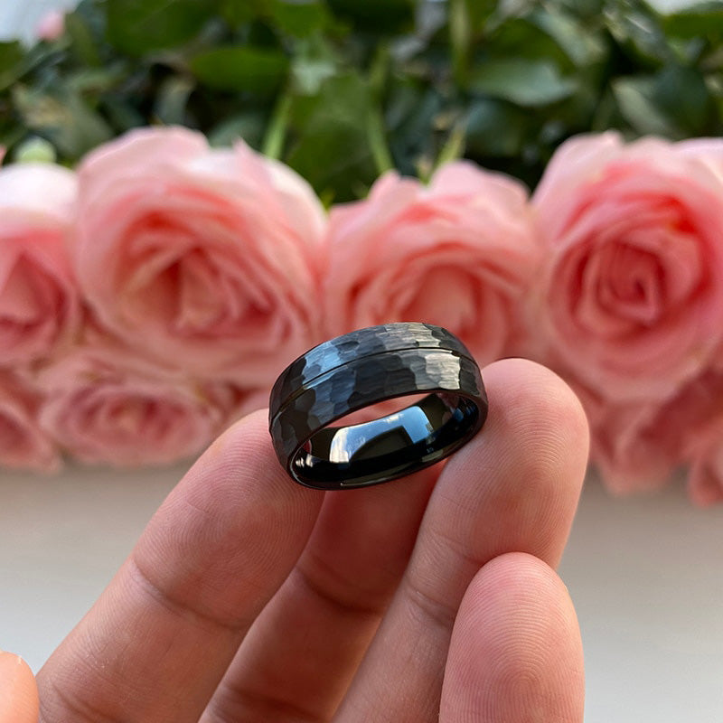 8mm Center Groove Hammered Tungsten Ring – Black, Matte Finish (Men's) - Promise Rings