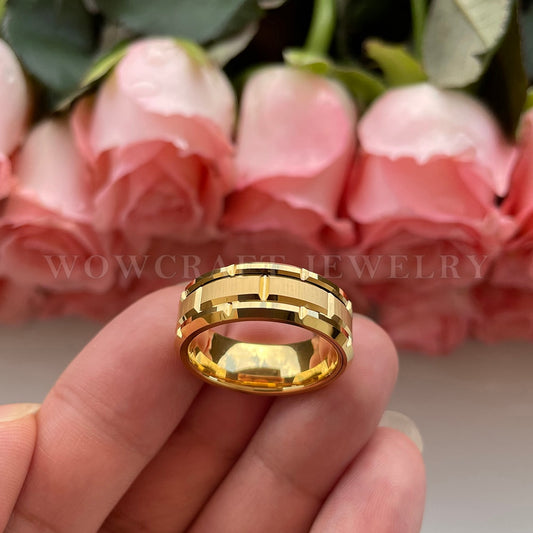 8mm Classic Brick Pattern Brushed Gold Color Tungsten Men's Ring - Promise Rings