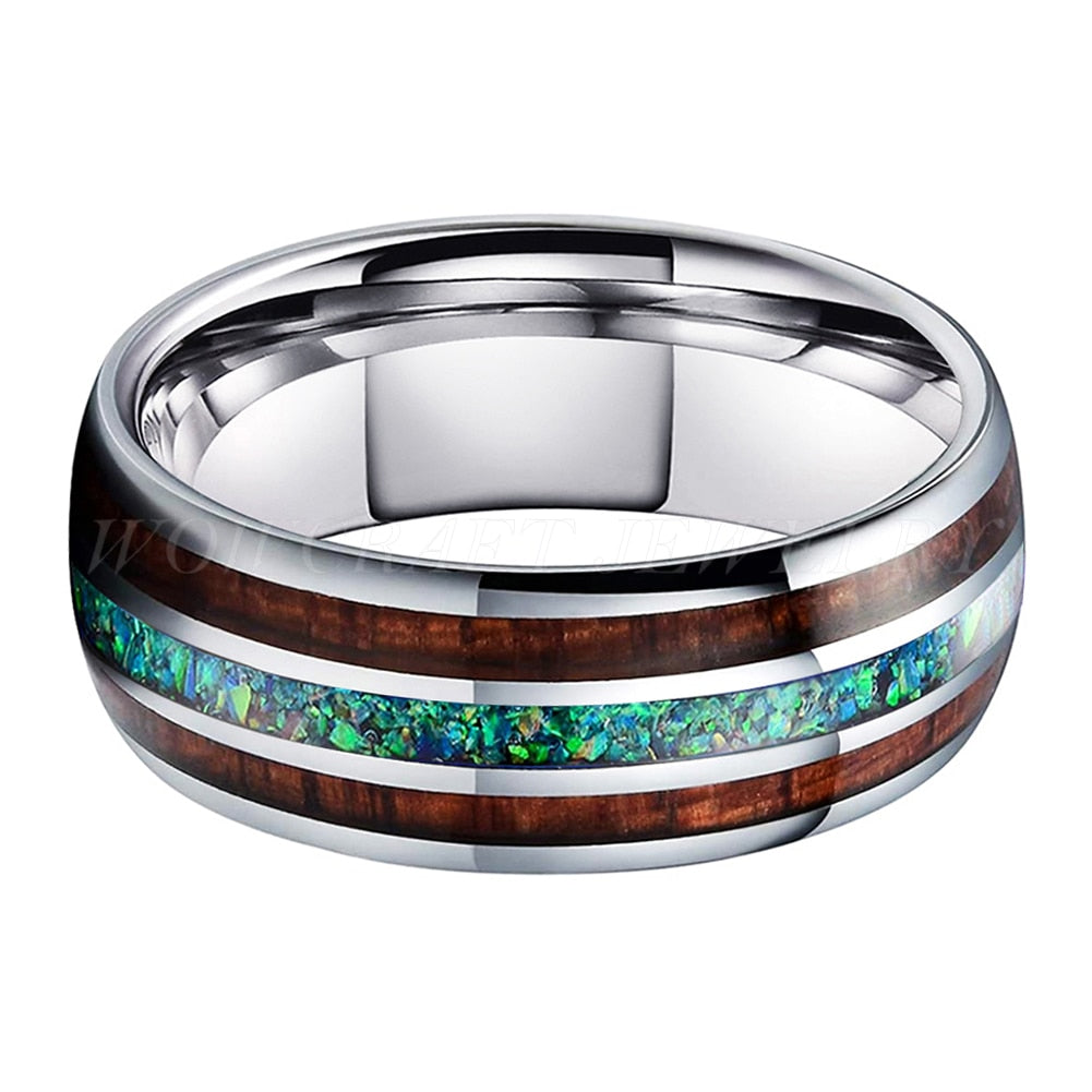 8mm Crushed Green Opal & Koa Wood Inlay Silver Tungsten Men's Ring - Promise Rings