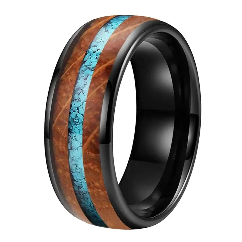 8mm Tungsten Whisky Wood & Crushed Turquoise Inlay Ring – Natural Beauty & Serenity Design (Men's) - Promise Rings