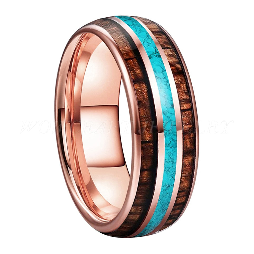 8mm Crushed Turquoise Koa Wood Inlay & Rose Gold Tungsten Unisex Ring - Promise Rings