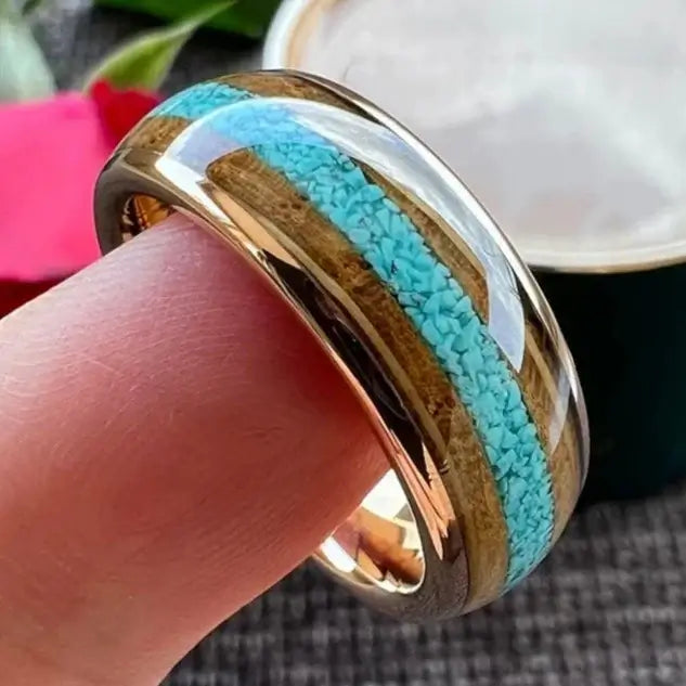 8mm Wood & Tungsten Ring – Crushed Turquoise and Whisky Wood Inlay Dome Polished Design (Men’s) - Promise Rings