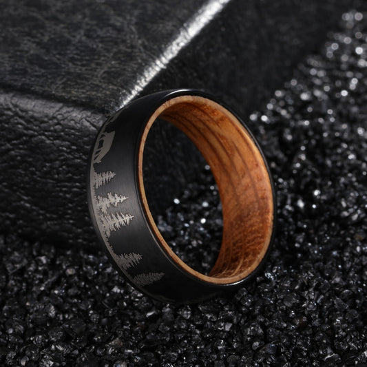 8mm Black Tungsten Deer Ring – Forest Scene & Whiskey Barrel Wood Interior (Men’s) - Promise Rings