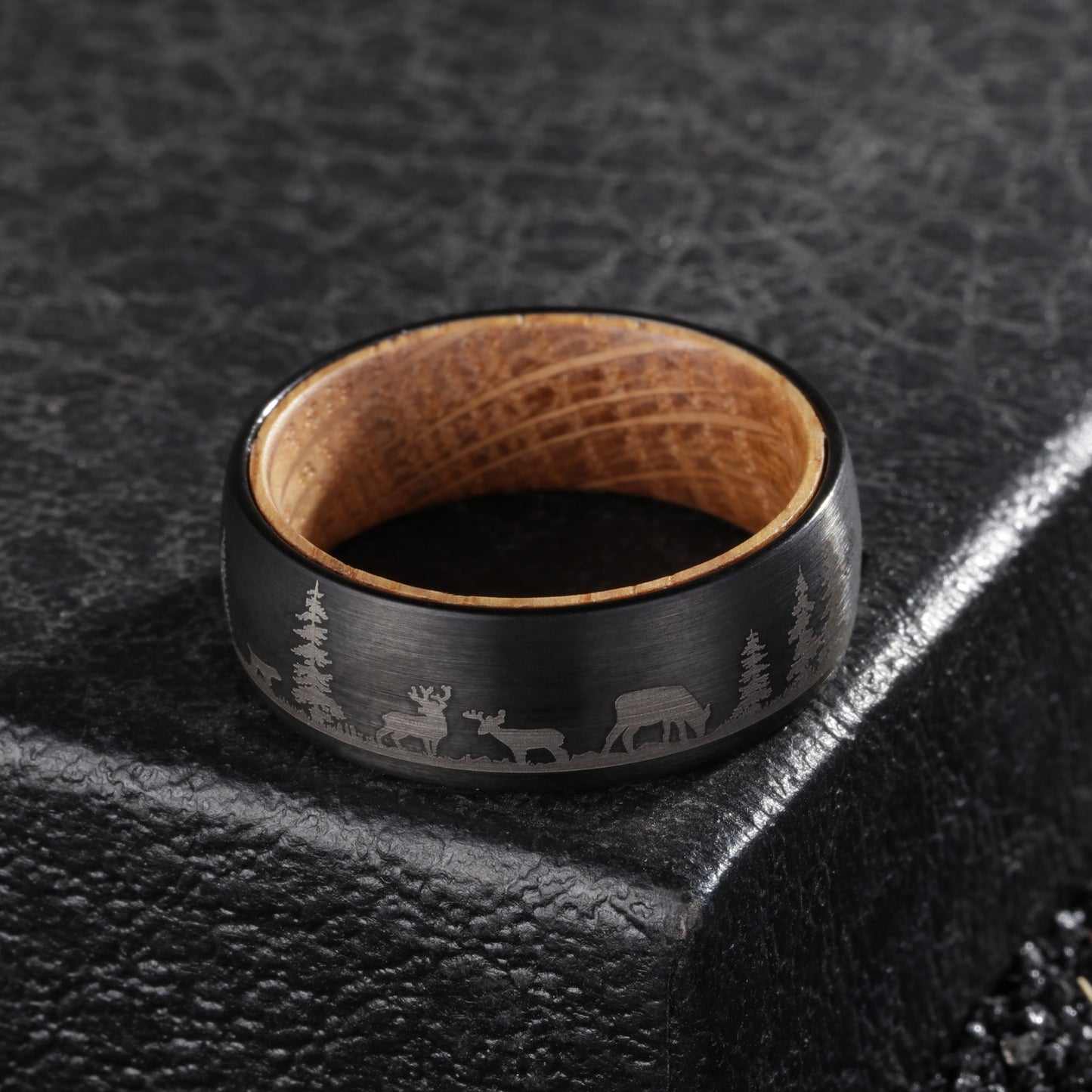 8mm Black Tungsten Deer Ring – Forest Scene & Whiskey Barrel Wood Interior (Men’s) - Promise Rings