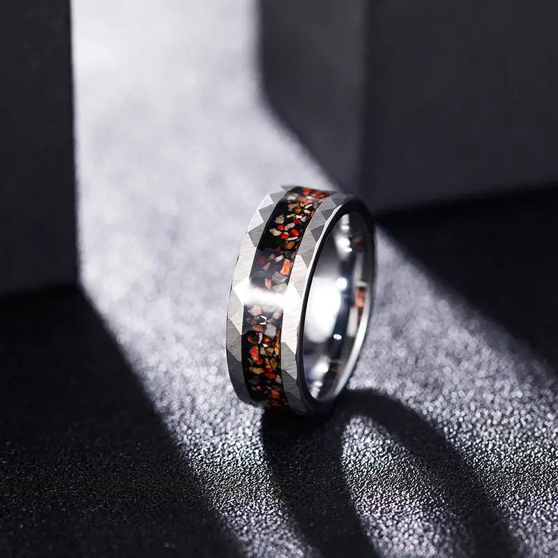 8mm Silver Tungsten Ring – Dinosaur Bone Metal Slag Inlay with Hammered Edge (Men’s) - Promise Rings