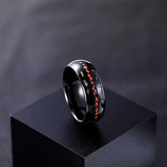 8mm Tungsten Men’s Ring – Dinosaur Bone & Black Sand Metal Slag Inlay (Men's) - Promise Rings