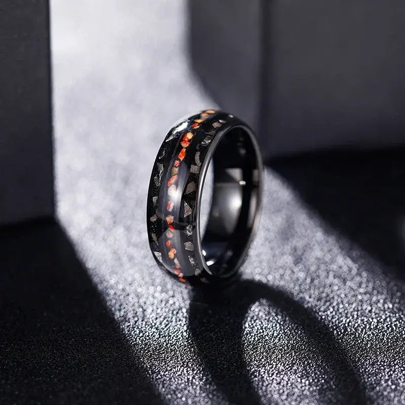 8mm Tungsten Men’s Ring – Dinosaur Bone & Black Sand Metal Slag Inlay (Men's) - Promise Rings