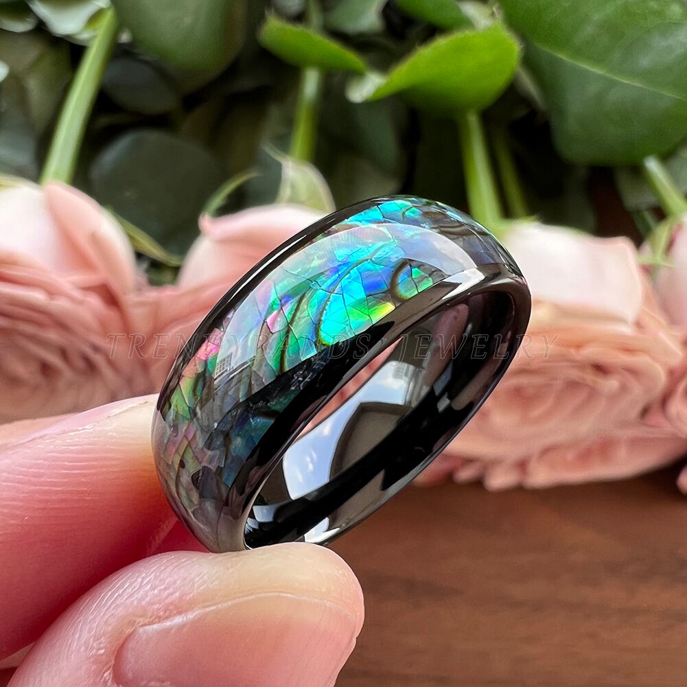8mm Domed Abalone Shell Inlay & Polished Black Tungsten Men's Rings - Promise Rings