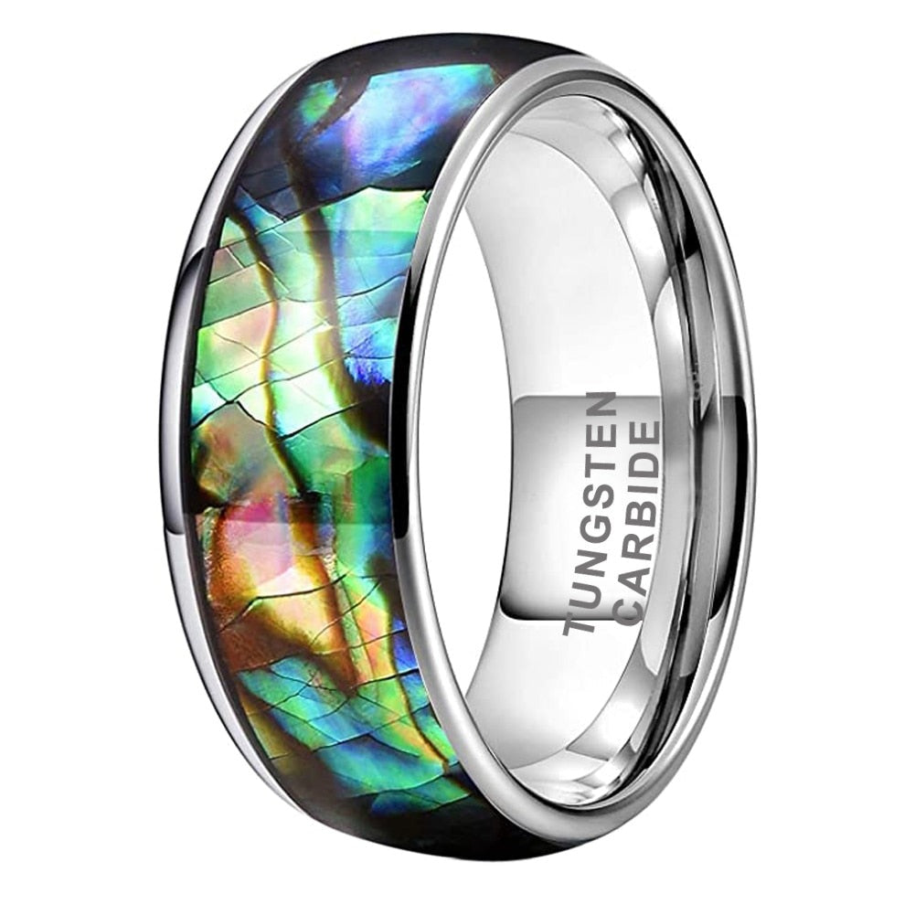 8mm Domed Abalone Shell Inlay & Polished Silver Tungsten Men's Rings - Promise Rings