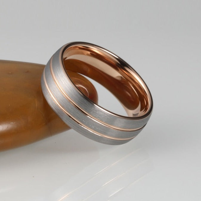 8mm Double Grove Rose Gold & Silver Tungsten Men's Ring - Promise Rings