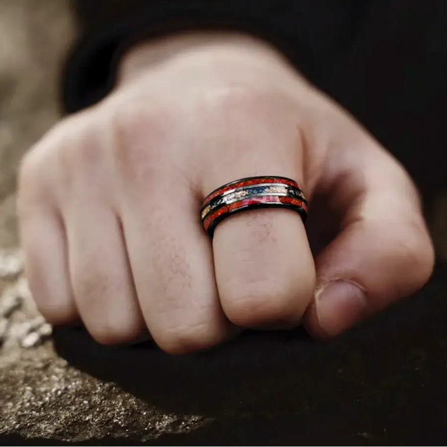 8mm Tungsten Double Red Opal Meteorite Gold Foil Inlay – Bold Statement Ring (Men’s) - Promise Rings