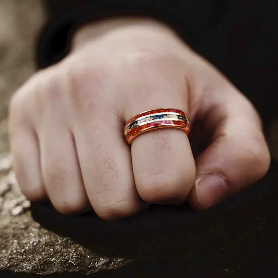 8mm Rose Gold Tungsten Double Red Opal Meteorite Gold Foil Inlay – Elegant Statement Ring (Men’s)