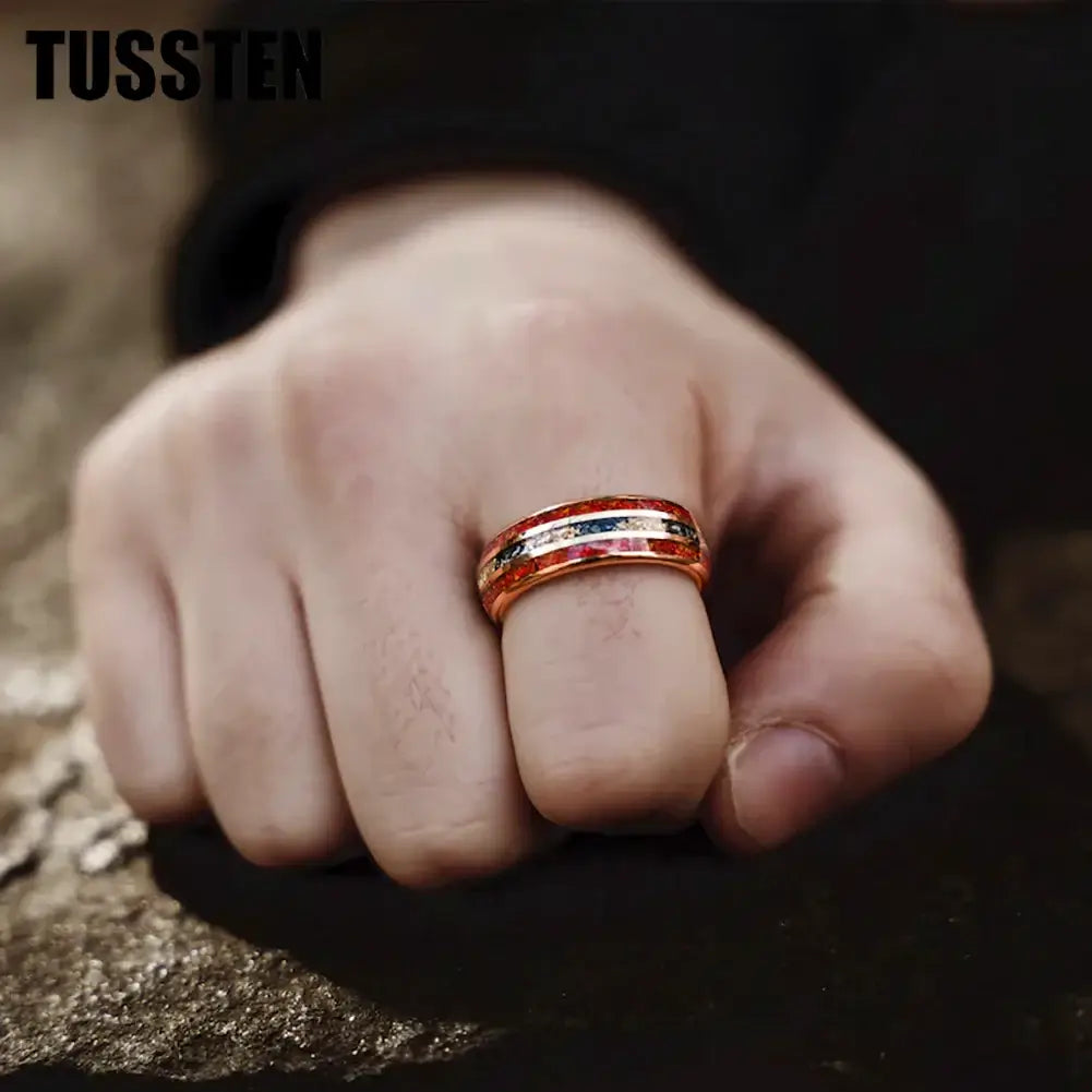 8mm Rose Gold Tungsten Double Red Opal Meteorite Gold Foil Inlay – Elegant Statement Ring (Men’s) - Promise Rings