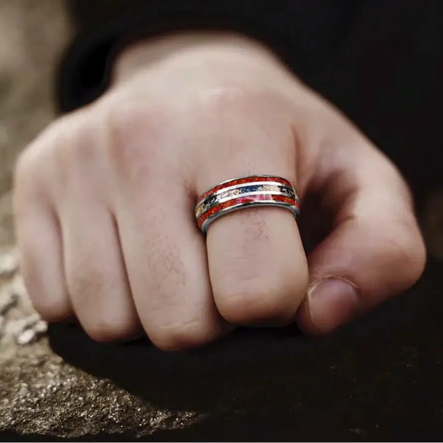 8mm Tungsten Double Red Opal Meteorite Gold Foil Inlay – Bold Statement Ring (Men’s) - Promise Rings