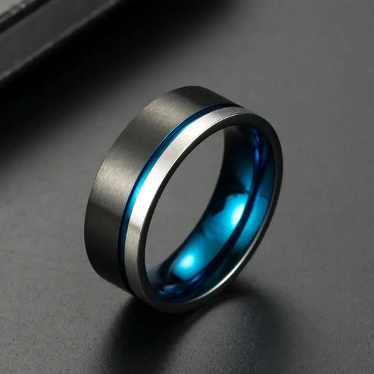 8mm Silver & Black Two Tone Tungsten Ring – Blue Electroplate and Groove Design (Men’s) - Promise Rings